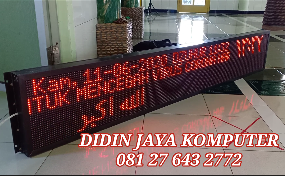Running text variasi dengan warna merah tahan air outdoor yang dipasangkan di masjid Kleco Kediri memberikan led variasi yang diinginkan menjadi lebih baik. Dengan warna merah yang memukau membuat masjid yang anda miliki menjadi lebih profesional dan lebih baik.